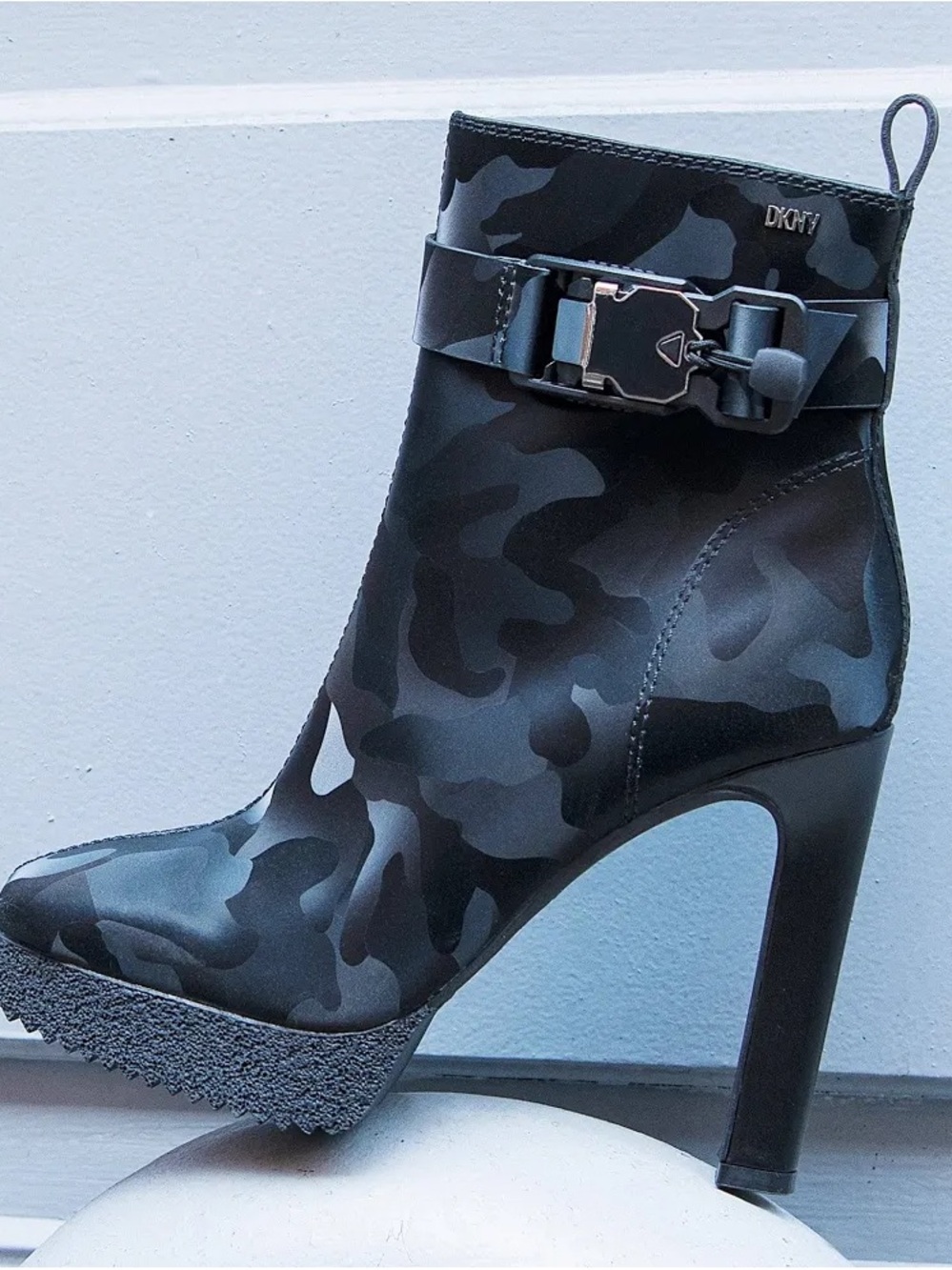 DKNY Black & Gray Camo Buckle High-Heel Ankle Boots